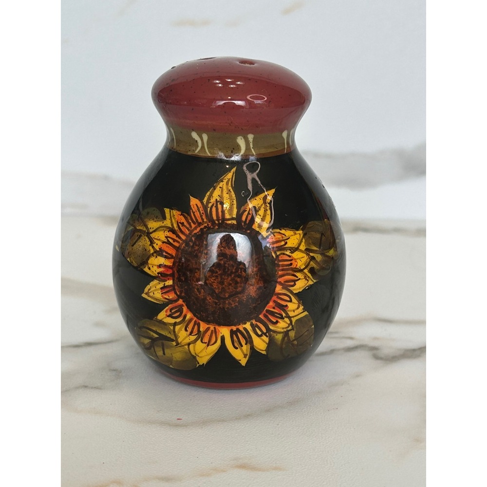 Hand Painted Ceramic Sunflower Salt Pepper Shaker Black Red Floral Farmhouse